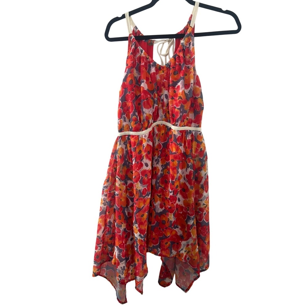 YA Los Angeles Floral Watercolor Handkerchief Hem Mini Dress Red‎ Orange Medium